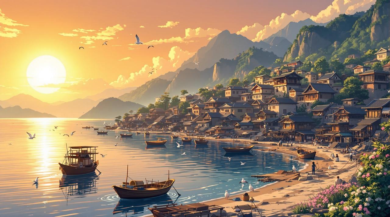ai网站 - 海边渔村温暖黄昏全景，金色夕阳下的渔港，停泊的小渔船，传统石屋与远山